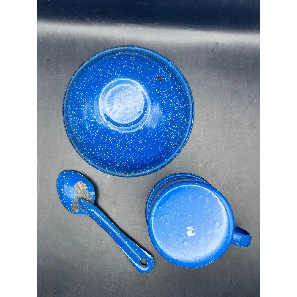 VTG Blue Granite Cup And Bowl‎ Set Primitive, Farmhouse, Rustic, Camping